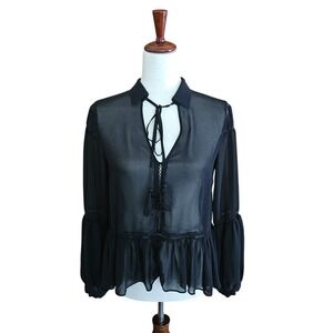 Sheer Black Tassel Tie Lace Peplum Blouse Ruffle  Dark Romantic Goth Fairy Sz 4